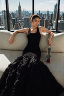 VOGSION Noire Rosalie Glitter Rose Mermaid Maxi Dress in shimmering black knit with handcrafted 3D floral rose mermaid hem, elegant black tie wedding guest dress for formal evening events, gala, luxury dinner and birthday celebration.
