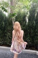 Vogsion Alchemy Beaded Mini Dress in Cream Multi Floral worn by a customer, showing the silk-linen fabric and corset bodice detail