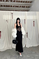 Vogsion Noir Étoile Black Lace Halter Evening Maxi Dress — Elegant See-Through Party Gown