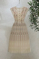 Vogsion Lysandra Botanical Lattice Embroidered Midi Dress in Ivory with Pink Floral Embroidery - High-end Renaissance Lace Style for Petite Women.