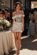 Elowen grey chiffon off-shoulder mini party dress with petal-like ruffle neckline