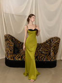 Chartreuse satin maxi dress, full-length standing view