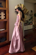 Vogsion Thalassa Striped Strapless Corset Maxi Dress – real customer wearing striped corset top and pink velvet maxi skirt in elegant summer resort outfit, 2026 beach vacation style with global fast shipping