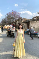 Vogsion Lemon Yellow Bloom Ruffle Maxi Dress