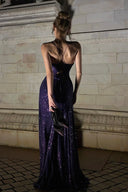Vogsion Nocturne Sculpted Sequin Maxi Gown purple deep v neckline lace up back floor length evening dress