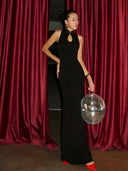 Vogsion Midnight Lotus Qipao-Inspired Backless Black Evening Gown worn by real customer