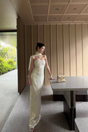 Vogsion Celeste Ivory Satin Cape Gown – Strapless Beaded Bodice Column Maxi