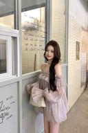 Vogsion Lilac Off Shoulder Puff Sleeve Ruffle Chiffon Babydoll Mini Dress worn by real everyday customer – coquette balletcore puff sleeve mini dress in pastel lilac 2026