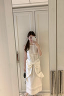 Vogsion Shushu White Linen Statement Bow Petite Midi Dress