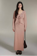 Vogsion women’s powder pink knit two-piece set: lace appliqué cardigan with bow and high-waisted maxi skirt, flattering on everyday body, romantic grandmacore co-ord 2026 fashion, real customer images