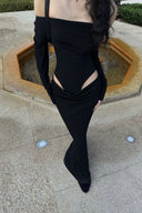 Black Off Shoulder Cut Out Maxi Dress – Noir Enigma by Vogsion