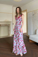 Vogsion Sky Blue Pink Rose Floral Chiffon Ruffle Maxi Dress worn by real customer full length