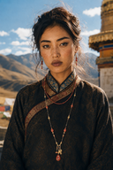     Vogsion Tibetan inspired artisan necklace worn with traditional mountain styling