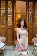 Vogsion Alchemy Beaded Mini Dress in Cream Multi Floral worn by a customer, showing the silk-linen fabric and corset bodice detail