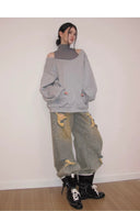 Vogsion Layered-Look One-Piece Off-Shoulder Cotton Hoodie