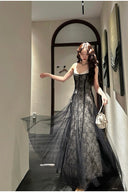 Vogsion Mara Maxi Dress in Black Lace Tulle – Spaghetti Strap Prom Wedding Guest Maxi Dress – Real Customer Photo