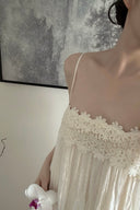  Floral lace neckline detail on petite white maxi dress