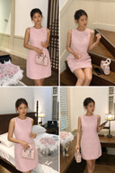 A four-panel collage showing a woman modeling a VOGSION Rosalie Petite Pink Tweed Mini Dress in different indoor settings, including holding a matching handbag and standing near a bed and staircase.