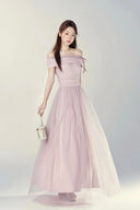 Blush pink off shoulder tulle maxi dress with ribbon detail, romantic evening gown for bridesmaid, wedding guest, prom party, formal occasion outfit