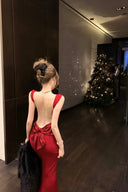 Vogsion Scarlet Bow-Back Evening Gown | Elegant Open-Back Red Dress for Christmas & Holiday Parties