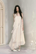 Vogsion Ivory Lace Layered Chiffon Maxi Dress – Romantic Asymmetrical Fairy Slip Dress