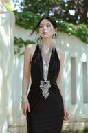 Vogsion Midnight Aurora| Crystal-Embellished Halter Gown with Illusion Floral Back