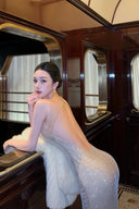 Vogsion Midnight Lumière Hotfix Backless Maxi Gown silver open back floor length evening dress with hotfix shimmer