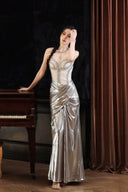 Vogsion Silver Metallic Handcrafted Beaded Corset Mermaid Evening Gown 2026 worn by real customer – handmade luxury prom dress Canada with shimmer metallic fabric and intricate beading, not a professional model photo