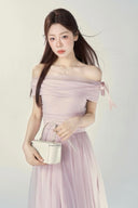 Blush pink off shoulder tulle maxi dress with ribbon detail, romantic evening gown for bridesmaid, wedding guest, prom party, formal occasion outfit