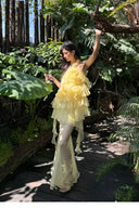 Vogsion Luna Fanned Maxi Dress in Spliced Floral worn by normal customer not professional model | Spring 2026 Kindred Spirit Collection tiered ruffle halter maxi dress in yellow/pink – perfect boho wedding guest look