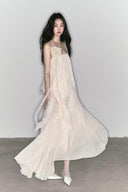 Vogsion Ivory Lace Layered Chiffon Maxi Dress – Romantic Asymmetrical Fairy Slip Dress