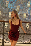 Vogsion wine square-neck corset draped mini dress — customer photo front view