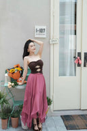 Vogsion Rosewood Corset Top and Flowing Maxi Skirt Two-Piece Set with waist-shaping corset and romantic pink maxi skirt