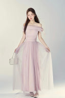 Blush pink off shoulder tulle maxi dress with ribbon detail, romantic evening gown for bridesmaid, wedding guest, prom party, formal occasion outfit
