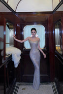 Vogsion Midnight Lumière Hotfix Backless Maxi Gown silver open back floor length evening dress with hotfix shimmer