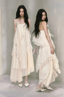 Vogsion Ivory Lace Layered Chiffon Maxi Dress – Romantic Asymmetrical Fairy Slip Dress