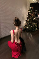 Vogsion Scarlet Bow-Back Evening Gown | Elegant Open-Back Red Dress for Christmas & Holiday Parties