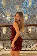 Vogsion burgundy draped mini dress — customer photo side view with ruched skirt detail