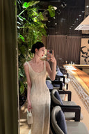 Vogsion ivory lace corset maxi dress with boned waist and beaded column skirt, full length front view