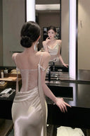 Vogsion® Elara Silk Satin Mermaid Gown – Illusion Lace & Open Back Radiance