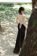 Vogsion Midnight Aurora| Crystal-Embellished Halter Gown with Illusion Floral Back