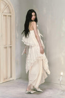 Vogsion Ivory Lace Layered Chiffon Maxi Dress – Romantic Asymmetrical Fairy Slip Dress