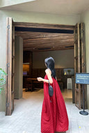 VOGSION “Crimson Ease” Textured Check Maxi Dress