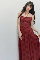 Elegant autumn red embroidered maxi dress with flowy skirt, sleeveless design perfect for fall dinners, romantic dates, and festive holiday fashion.