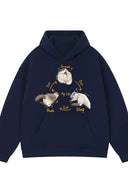 Navy blue hoodie with cat-themed graphic on a white background