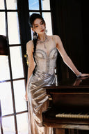 Vogsion Silver Metallic Handcrafted Beaded Corset Mermaid Evening Gown 2026 worn by real customer – handmade luxury prom dress Canada with shimmer metallic fabric and intricate beading, not a professional model photo