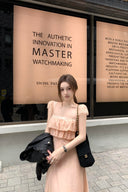 Vogsion Blush Whisper TENCEL™ Ruffle Maxi Dress in Pink worn by real customer outdoors