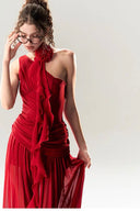 Vogsion Rouge Bloom Dress – elegant red chiffon halter neck dress with rose flower detail, flowy skirt and feminine silhouette perfect for evening or event occasions.