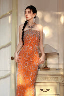 Vogsion 2026 Orange Hand-Sewn Crystal Beaded Strapless Mermaid Evening Gown worn by real customer – luxury sparkly sequin prom dress and wedding guest dress with handcrafted beadwork