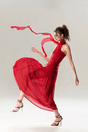 Vogsion Rouge Bloom Dress – elegant red chiffon halter neck dress with rose flower detail, flowy skirt and feminine silhouette perfect for evening or event occasions.